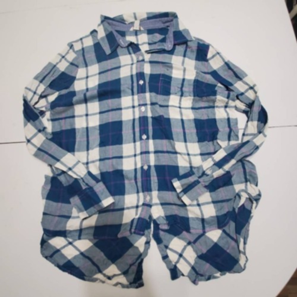 Cato Womens Button Front Shirt Blue White Plaid Long Sleeve Collared Pocket L